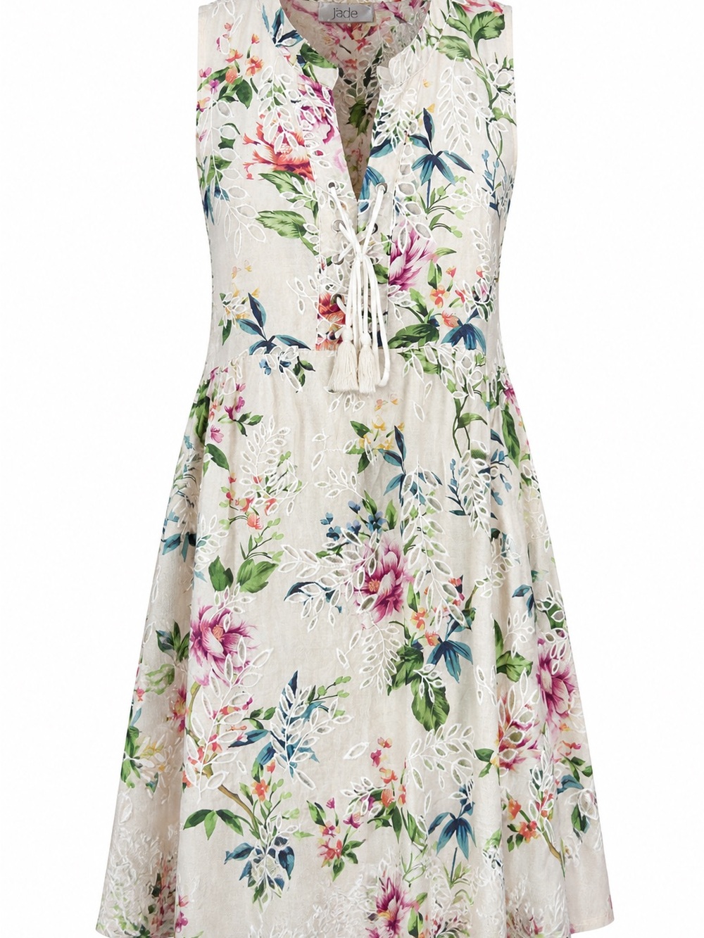 Jade Floral Tassel Tie Sundress in Cream with Green & Pink Accents